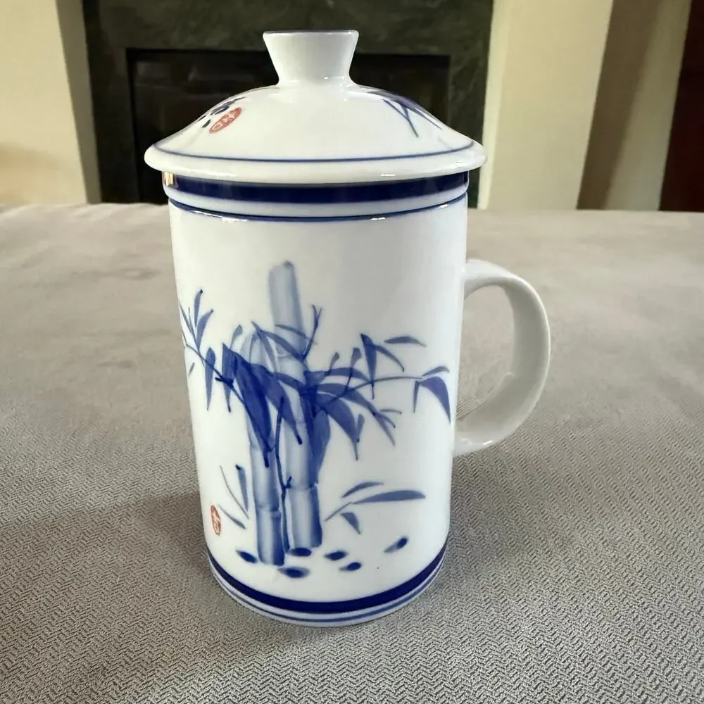Blue White Bamboo Ceramic Tea Mug with Infuser Strainer & Lid Asian Style
